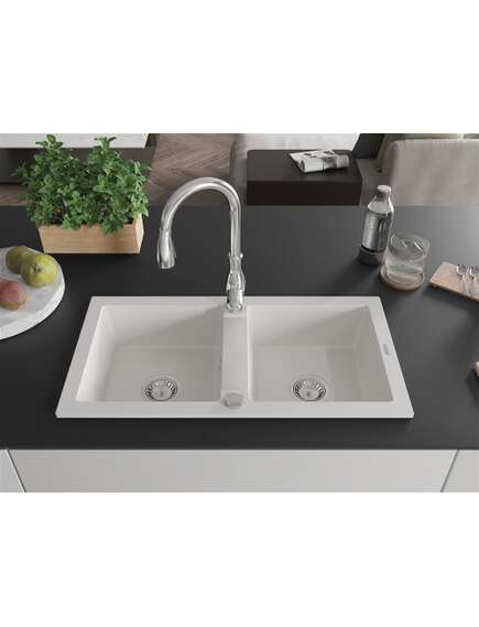 Mexen Mario zlewozmywak granitowy 2-komorowy z baterią kuchenną Savita, biały - 6504-20-672601-00, изображение 3