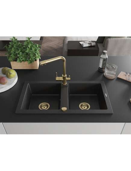 Mexen Mario zlewozmywak granitowy 2-komorowy z baterią kuchenną Duero, czarny/srebrny metalik - 6504-73-671600-50, 3 image