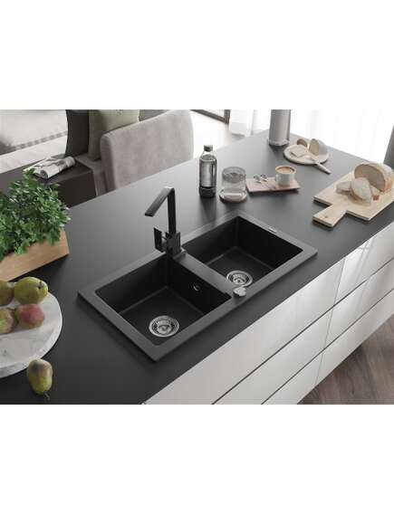Mexen Mario zlewozmywak granitowy 2-komorowy z baterią kuchenną Rita, czarny - 6504-77-670300-70, 2 image