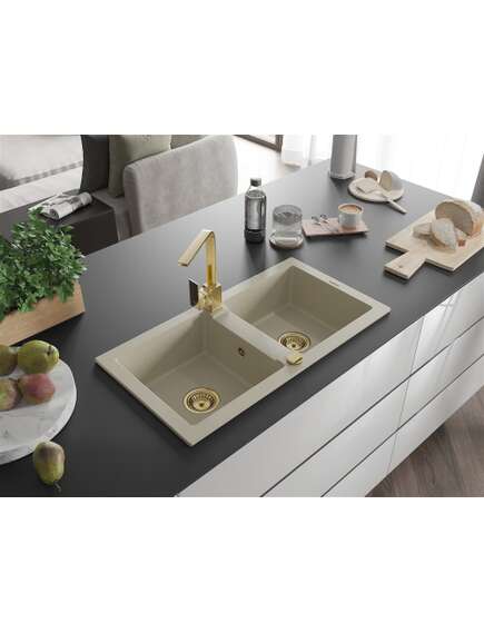 Mexen Mario zlewozmywak granitowy 2-komorowy z baterią kuchenną Rita, beżowy - 6504-69-670300-50, изображение 2