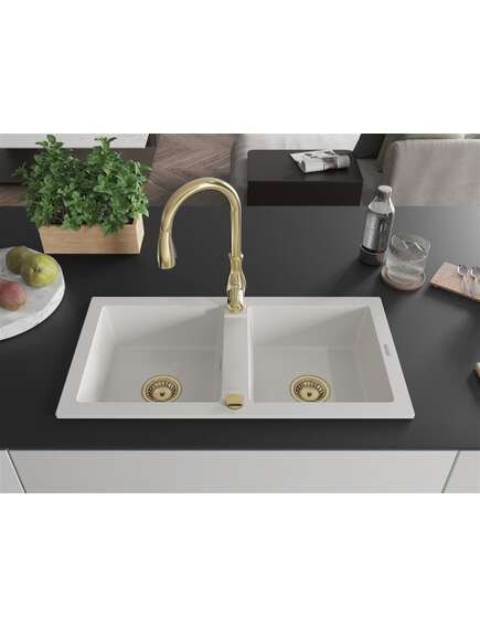 Mexen Mario zlewozmywak granitowy 2-komorowy z baterią kuchenną Savita, biały - 6504-20-672601-50, изображение 3