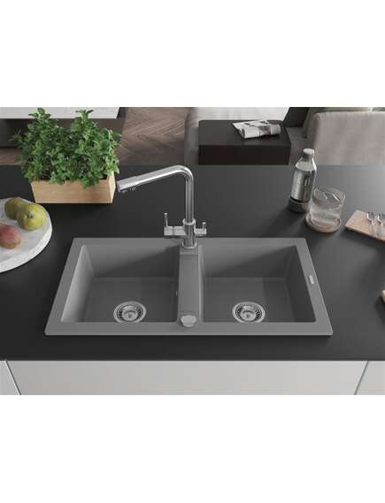 Mexen Mario zlewozmywak granitowy 2-komorowy z baterią kuchenną Duero, szary - 6504-71-671600-00, 3 image