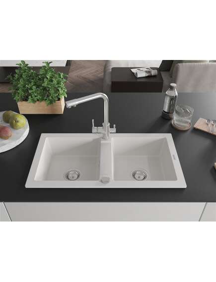 Mexen Mario zlewozmywak granitowy 2-komorowy z baterią kuchenną Duero, biały - 6504-20-671600-00, изображение 3