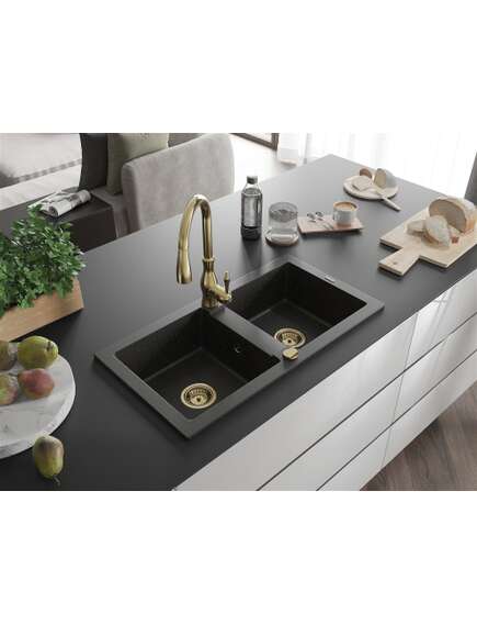 Mexen Mario zlewozmywak granitowy 2-komorowy z baterią kuchenną Savita, czarny/złoty metalik - 6504-75-672601-50, 2 image