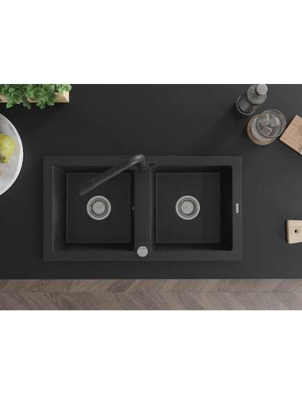 Mexen Mario zlewozmywak granitowy 2-komorowy z baterią kuchenną Duero, czarny/srebrny metalik - 6504-73-671600-70, 4 image