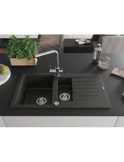 Mexen Matias zlewozmywak granitowy 1,5-komorowy z ociekaczem i baterią kuchenną Duero, czarny/złoty metalik - 6502-75-671600-00, изображение 3