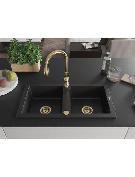 Mexen Mario zlewozmywak granitowy 2-komorowy z baterią kuchenną Savita, czarny - 6504-77-672601-50, изображение 3