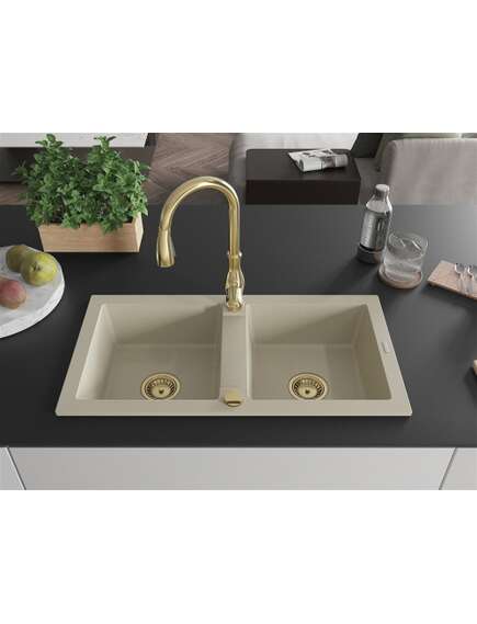 Mexen Mario zlewozmywak granitowy 2-komorowy z baterią kuchenną Savita, beżowy - 6504-69-672601-50, изображение 3