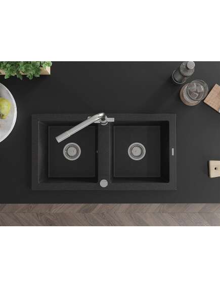 Mexen Mario zlewozmywak granitowy 2-komorowy z baterią kuchenną Duero, czarny/srebrny metalik - 6504-73-671600-00, 4 image