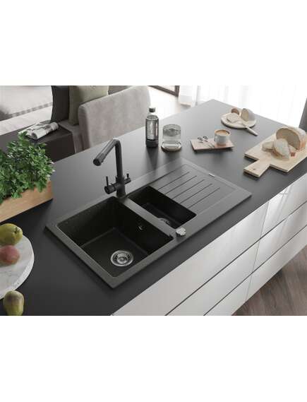 Mexen Matias zlewozmywak granitowy 1,5-komorowy z ociekaczem i baterią kuchenną Duero, czarny/złoty metalik - 6502-75-671600-70, изображение 2