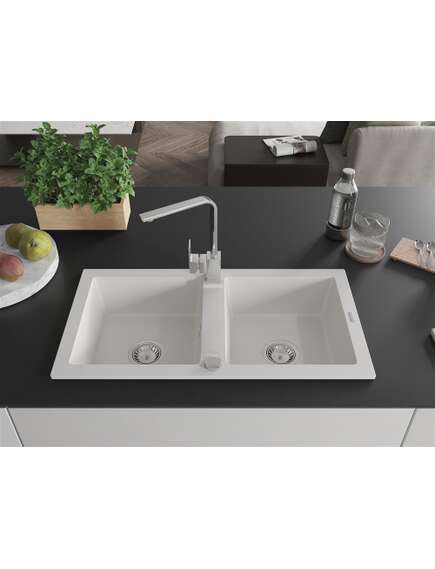 Mexen Mario zlewozmywak granitowy 2-komorowy z baterią kuchenną Rita, biały - 6504-20-670300-00, изображение 3