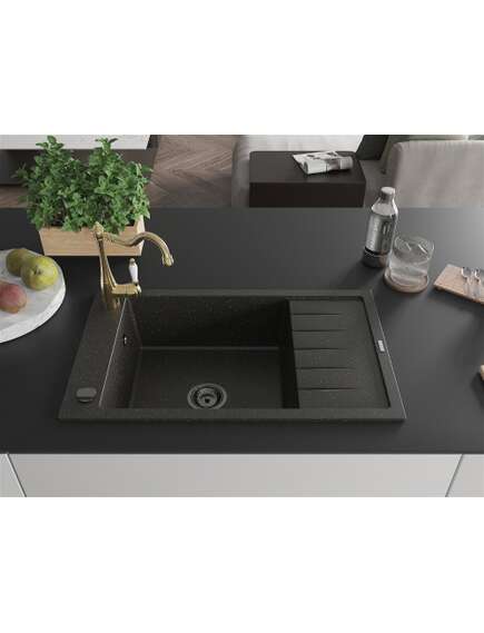 Mexen Elias zlewozmywak granitowy 1-komorowy z ociekaczem i baterią kuchenną Carla, czarny/złoty metalik - 6511-75-670700-50-B, 3 image