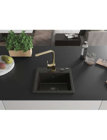 Mexen Milo zlewozmywak granitowy 1-komorowy z baterią kuchenną Rita, czarny/złoty metalik - 6505-75-670300-50-B, изображение 3