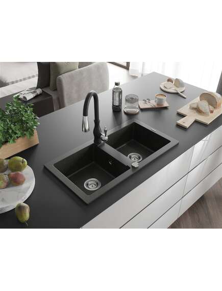 Mexen Mario zlewozmywak granitowy 2-komorowy z baterią kuchenną Savita, czarny/złoty metalik - 6504-75-672601-70, 2 image