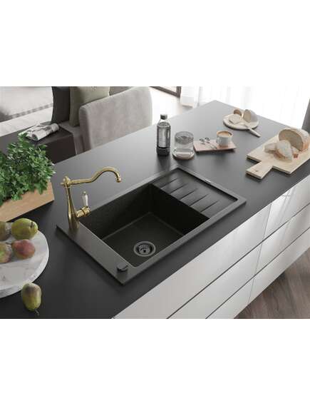 Mexen Elias zlewozmywak granitowy 1-komorowy z ociekaczem i baterią kuchenną Carla, czarny/złoty metalik - 6511-75-670700-50-B, 2 image