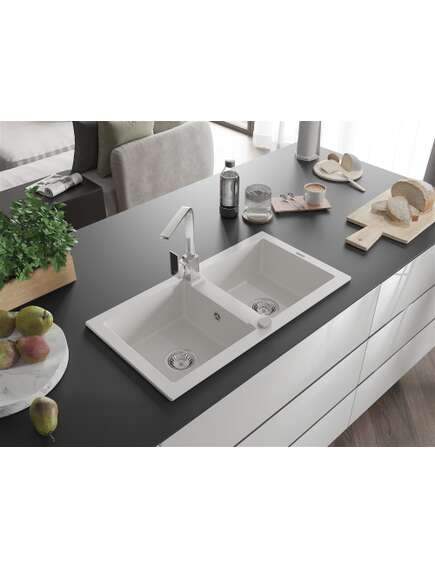 Mexen Mario zlewozmywak granitowy 2-komorowy z baterią kuchenną Rita, biały - 6504-20-670300-00, изображение 2