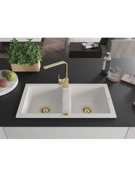 Mexen Mario zlewozmywak granitowy 2-komorowy z baterią kuchenną Rita, biały - 6504-20-670300-50, изображение 3