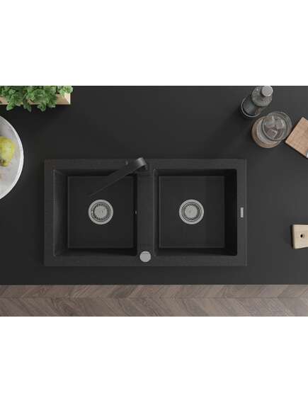 Mexen Mario zlewozmywak granitowy 2-komorowy z baterią kuchenną Rita, czarny/złoty metalik - 6504-75-670300-70, 4 image