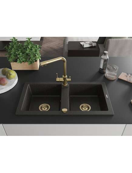 Mexen Mario zlewozmywak granitowy 2-komorowy z baterią kuchenną Duero, czarny/złoty metalik - 6504-75-671600-50, 3 image