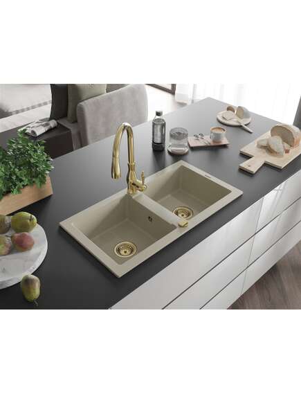 Mexen Mario zlewozmywak granitowy 2-komorowy z baterią kuchenną Savita, beżowy - 6504-69-672601-50, изображение 2