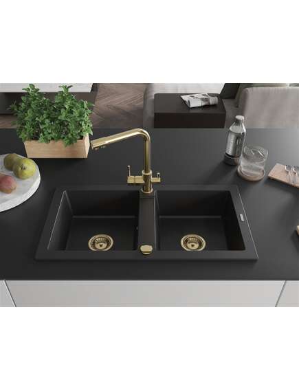 Mexen Mario zlewozmywak granitowy 2-komorowy z baterią kuchenną Duero, czarny - 6504-77-671600-50, изображение 2
