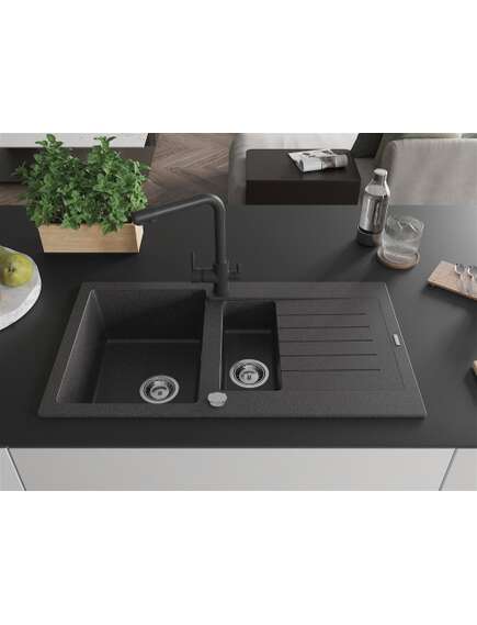 Mexen Matias zlewozmywak granitowy 1,5-komorowy z ociekaczem i baterią kuchenną Duero, czarny nakrapiany - 6502-76-671600-70, изображение 3