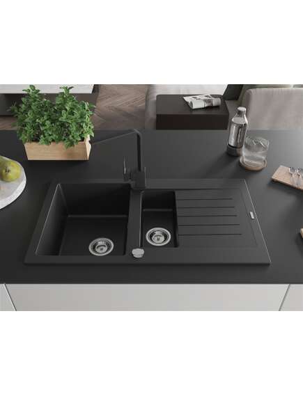 Mexen Matias zlewozmywak granitowy 1,5-komorowy z ociekaczem i baterią kuchenną Rita, czarny - 6502-77-670300-70, 3 image
