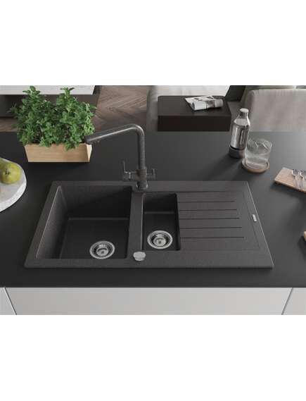 Mexen Matias zlewozmywak granitowy 1,5-komorowy z ociekaczem i baterią kuchenną Duero, czarny nakrapiany - 6502-76-671600-76, изображение 3