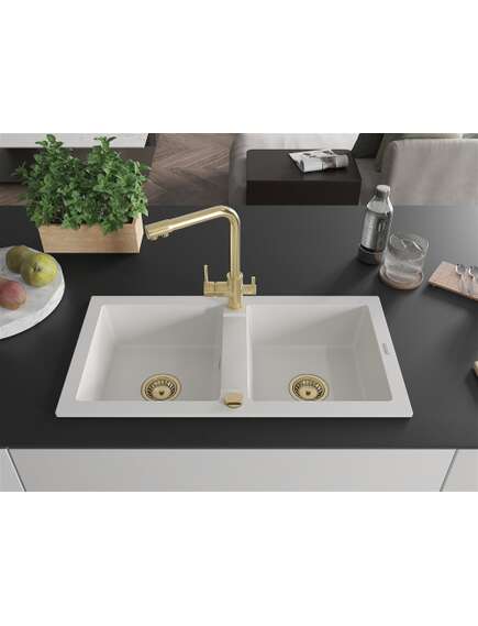 Mexen Mario zlewozmywak granitowy 2-komorowy z baterią kuchenną Duero, biały - 6504-20-671600-50, изображение 3