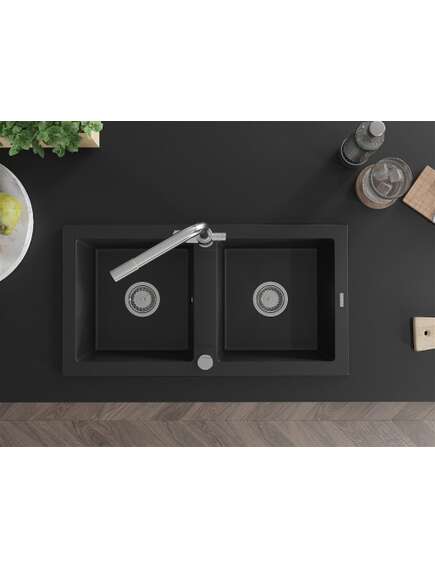 Mexen Mario zlewozmywak granitowy 2-komorowy z baterią kuchenną Duero, czarny - 6504-77-671600-00, 4 image