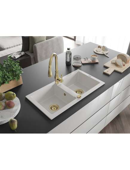 Mexen Mario zlewozmywak granitowy 2-komorowy z baterią kuchenną Savita, biały - 6504-20-672601-50, изображение 2