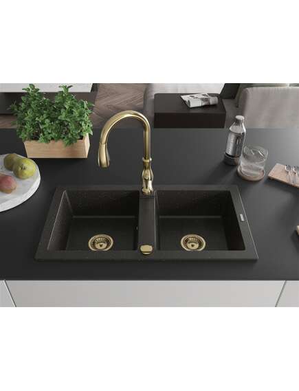 Mexen Mario zlewozmywak granitowy 2-komorowy z baterią kuchenną Savita, czarny/złoty metalik - 6504-75-672601-50, 3 image
