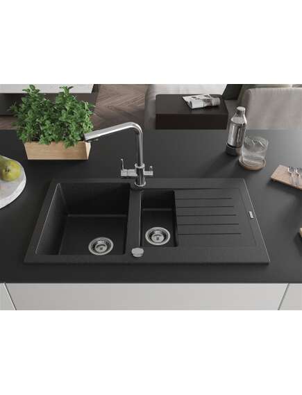 Mexen Matias zlewozmywak granitowy 1,5-komorowy z ociekaczem i baterią kuchenną Duero, czarny/srebrny metalik- 6502-73-671600-00, изображение 2