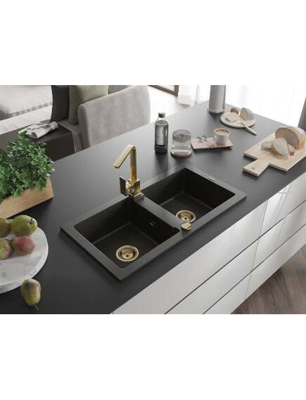 Mexen Mario zlewozmywak granitowy 2-komorowy z baterią kuchenną Rita, czarny/złoty metalik - 6504-75-670300-50, 2 image