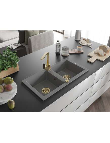 Mexen Mario zlewozmywak granitowy 2-komorowy z baterią kuchenną Rita, szary - 6504-71-670300-50, 2 image