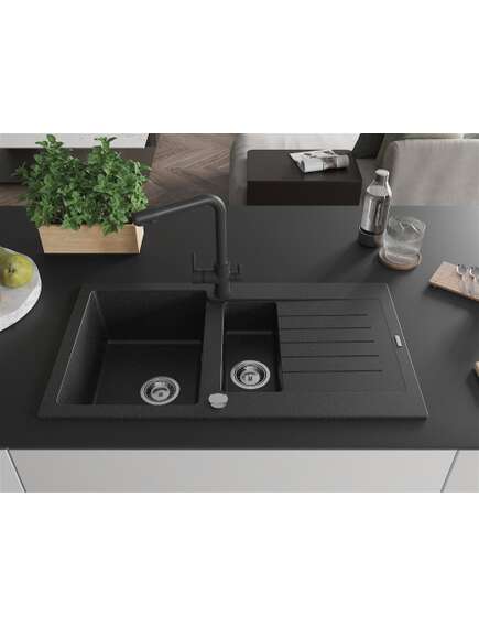 Mexen Matias zlewozmywak granitowy 1,5-komorowy z ociekaczem i baterią kuchenną Duero, czarny/srebrny metalik- 6502-73-671600-70, изображение 3