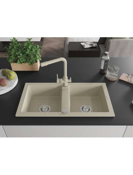 Mexen Mario zlewozmywak granitowy 2-komorowy z baterią kuchenną Duero, beżowy - 6504-69-671600-69, изображение 3