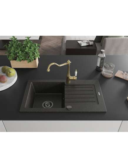 Mexen Pablo zlewozmywak granitowy 1-komorowy z ociekaczem i baterią kuchenną Carla, czarny/złoty metalik - 6510-75-670700-50-B, изображение 3