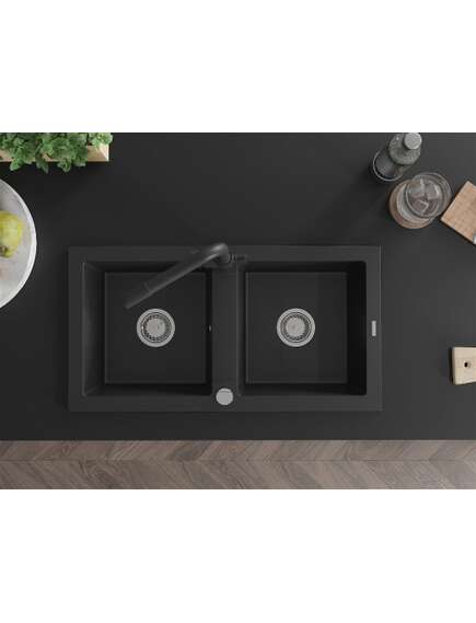 Mexen Mario zlewozmywak granitowy 2-komorowy z baterią kuchenną Duero, czarny - 6504-77-671600-70, изображение 4