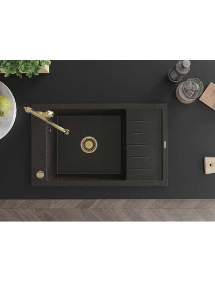 Mexen Elias zlewozmywak granitowy 1-komorowy z ociekaczem i baterią kuchenną Carla, czarny/złoty metalik - 6511-75-670700-50, 4 image