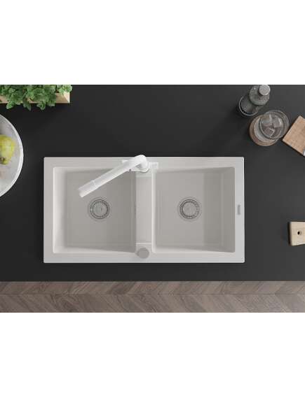 Mexen Mario zlewozmywak granitowy 2-komorowy z baterią kuchenną Duero, biały - 6504-20-671600-20, изображение 4