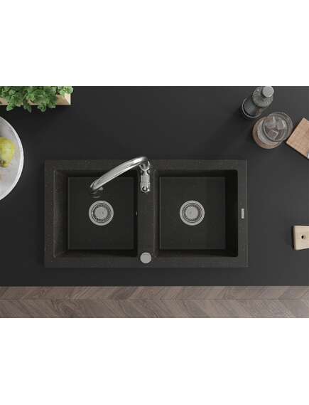 Mexen Mario zlewozmywak granitowy 2-komorowy z baterią kuchenną Savita, czarny/złoty metalik - 6504-75-672601-00, 4 image