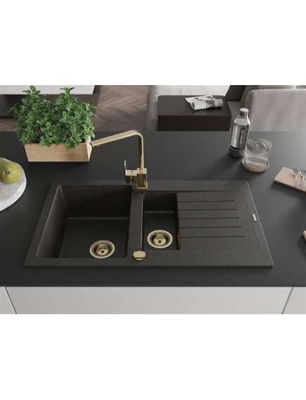 Mexen Matias zlewozmywak granitowy 1,5-komorowy z ociekaczem i baterią kuchenną Rita, czarny/złoty  - 6502-75-670300-50, изображение 3