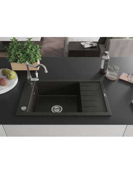 Mexen Elias zlewozmywak granitowy 1-komorowy z ociekaczem i baterią kuchenną Carla, czarny/złoty metalik - 6511-75-670700-00, 3 image