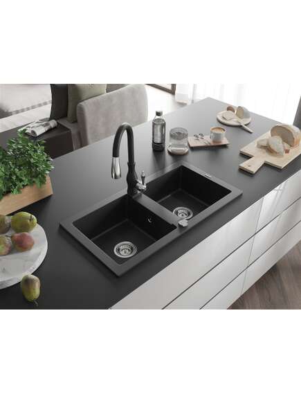 Mexen Mario zlewozmywak granitowy 2-komorowy z baterią kuchenną Savita, czarny - 6504-77-672601-70, изображение 2