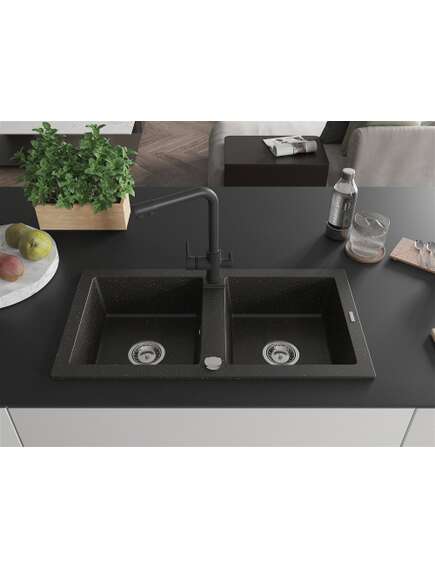 Mexen Mario zlewozmywak granitowy 2-komorowy z baterią kuchenną Duero, czarny/złoty metalik - 6504-75-671600-70, 3 image