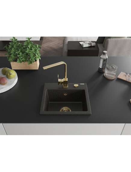 Mexen Milo zlewozmywak granitowy 1-komorowy z baterią kuchenną Rita, czarny/złoty metalik - 6505-75-670300-50, изображение 3