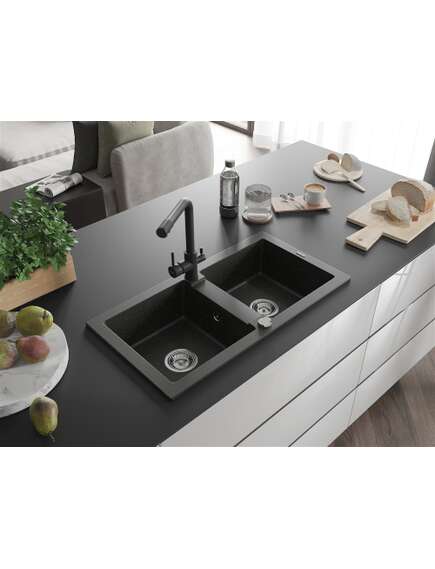 Mexen Mario zlewozmywak granitowy 2-komorowy z baterią kuchenną Duero, czarny/złoty metalik - 6504-75-671600-70, 2 image