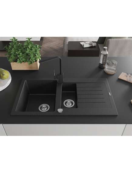 Mexen Matias zlewozmywak granitowy 1,5-komorowy z ociekaczem i baterią kuchenną Rita, czarny/srebrny metalik - 6502-73-670300-70, изображение 3