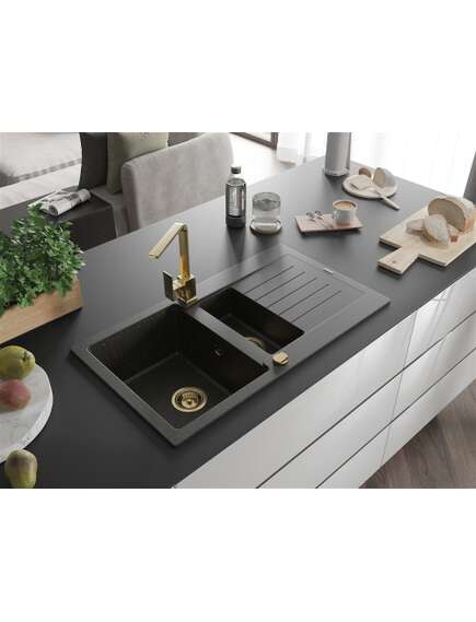 Mexen Matias zlewozmywak granitowy 1,5-komorowy z ociekaczem i baterią kuchenną Rita, czarny/złoty  - 6502-75-670300-50, изображение 2